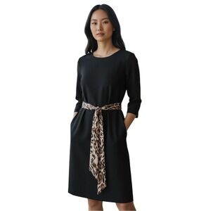 Zara Midi Black Dress Leopard Belt Pullover Pockets Classy Feminine‎ Size Large
